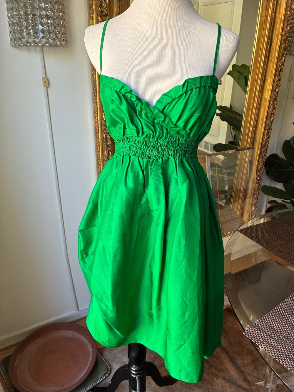 Happie loves it Green Smocked Waist Spaghetti Strap silk Dress size small